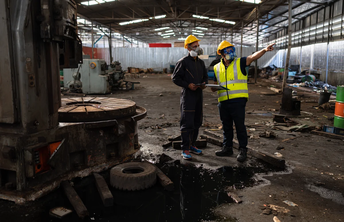 people at an industrial site with spillage and waste, including scrap metal.